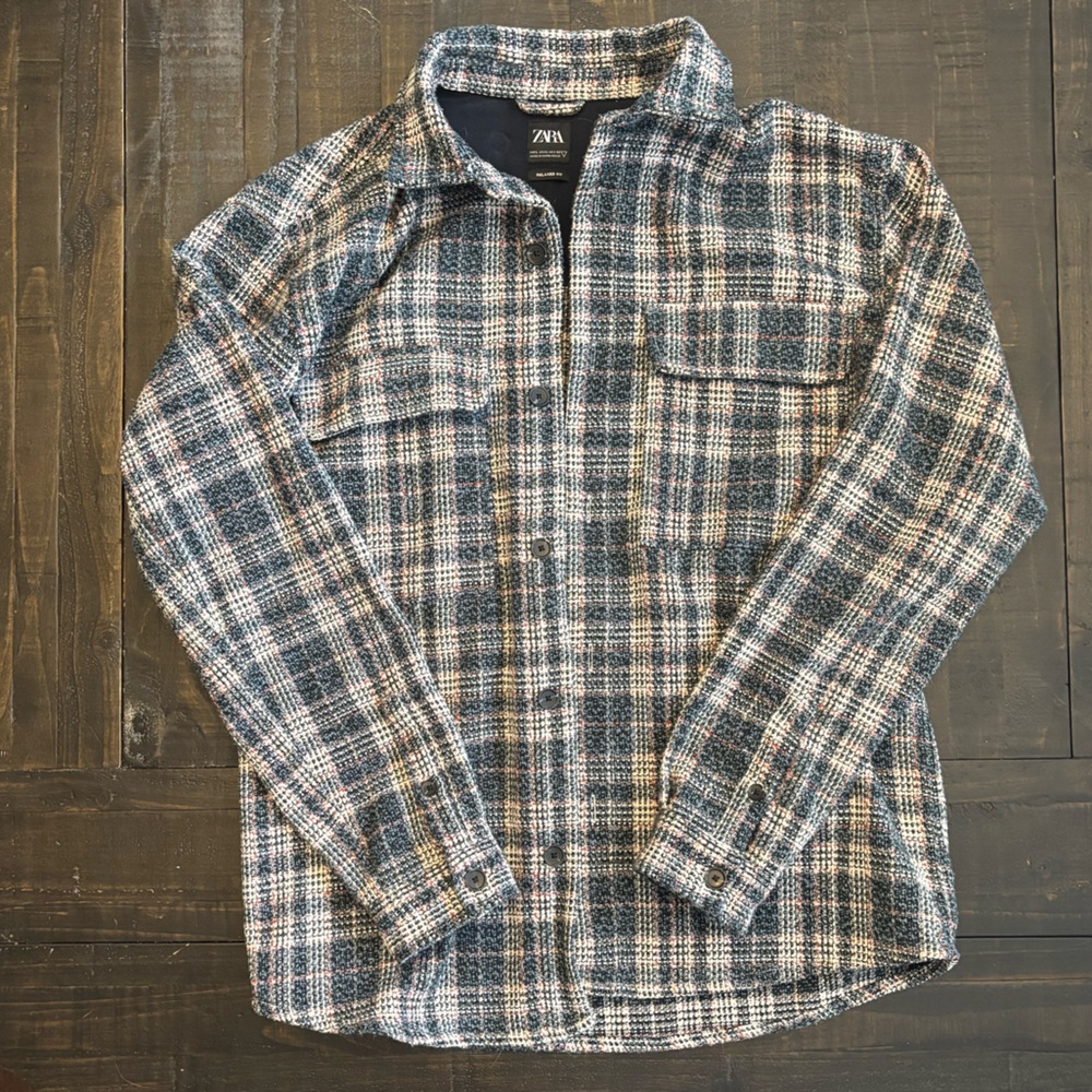 Zara Men's Blue and White Plaid Shirt Jacket